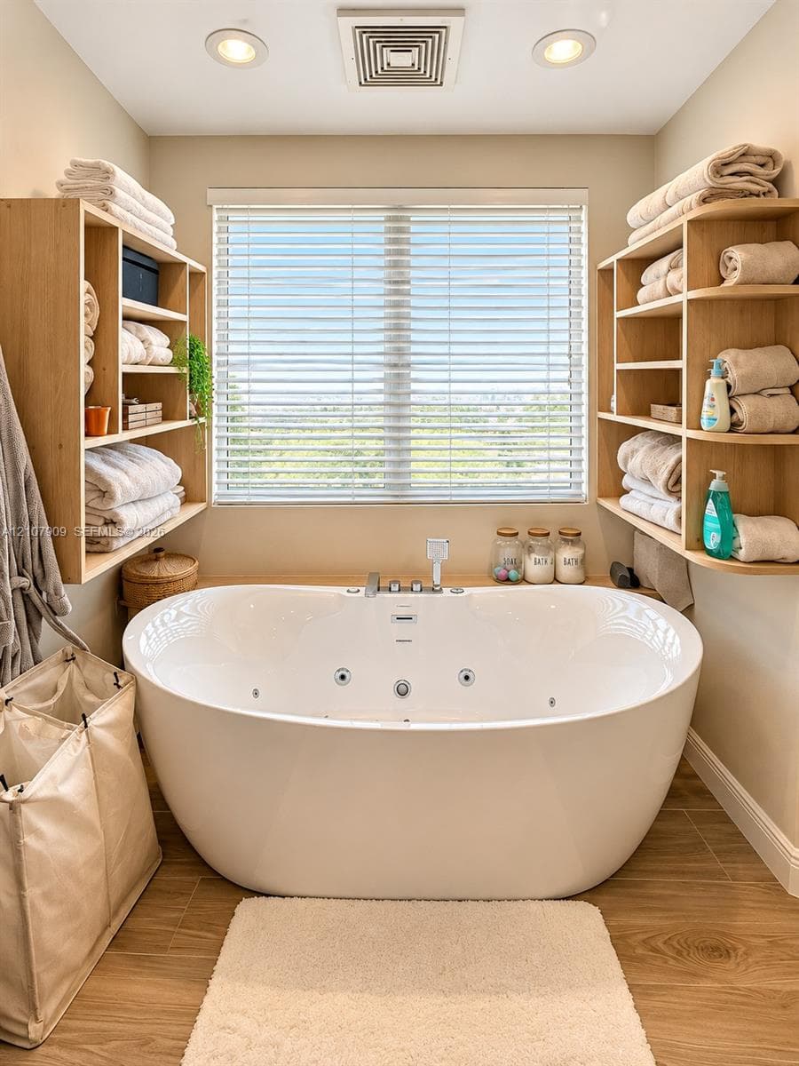 Oval jetted soaking tub featuring chrome fixtures, dual built-in open-shelf wood cabinetry, and wood-finish flooring