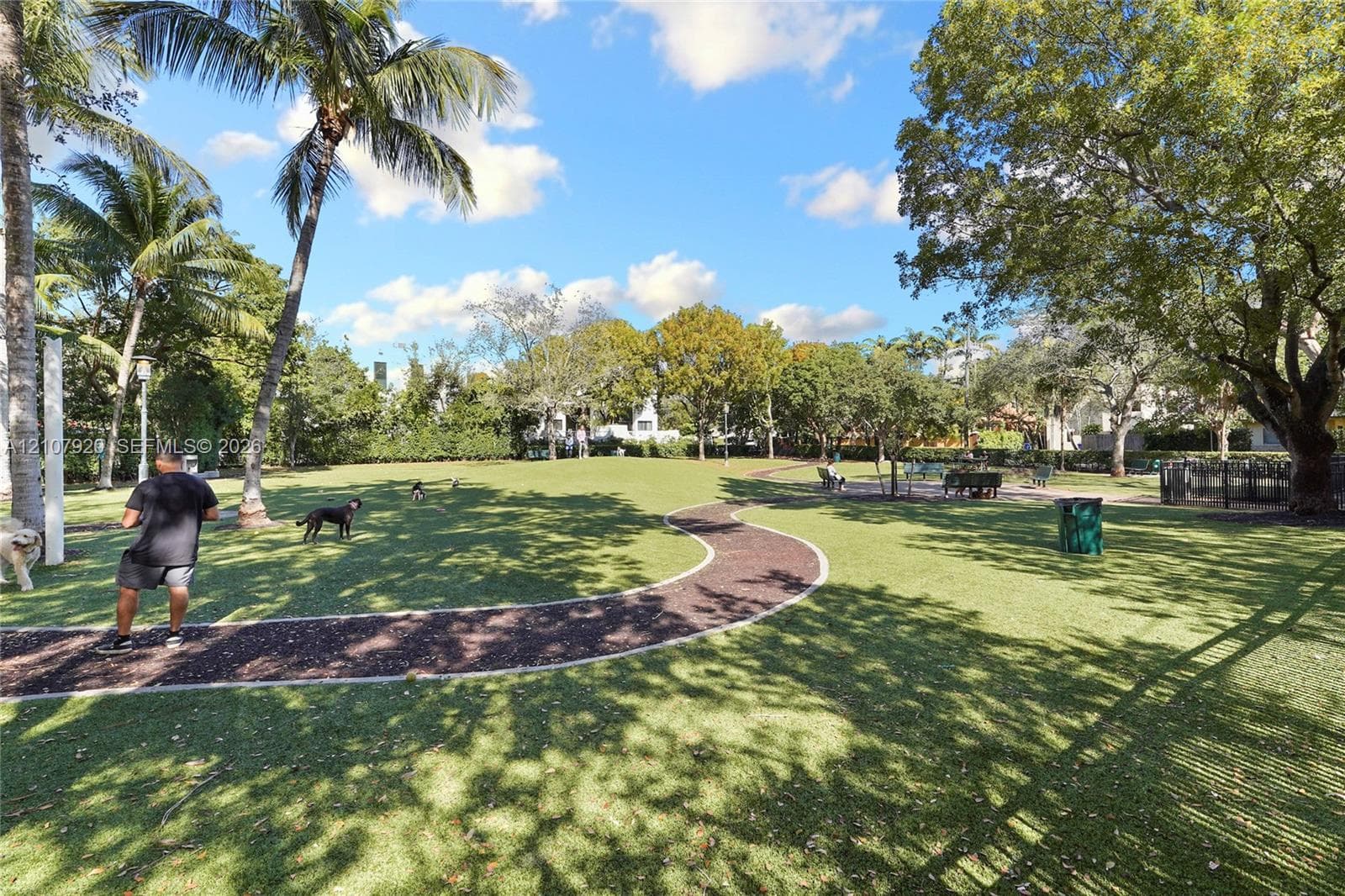 Expansive outdoor recreation space featuring a manicured lawn, curved walking path, mature shade trees, and perimeter landscaping