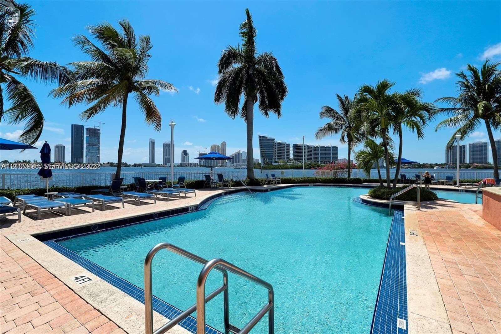 Swimming pool featuring tiled border, metal handrails, and paved deck surrounded by palm trees with waterfront skyline backdrop