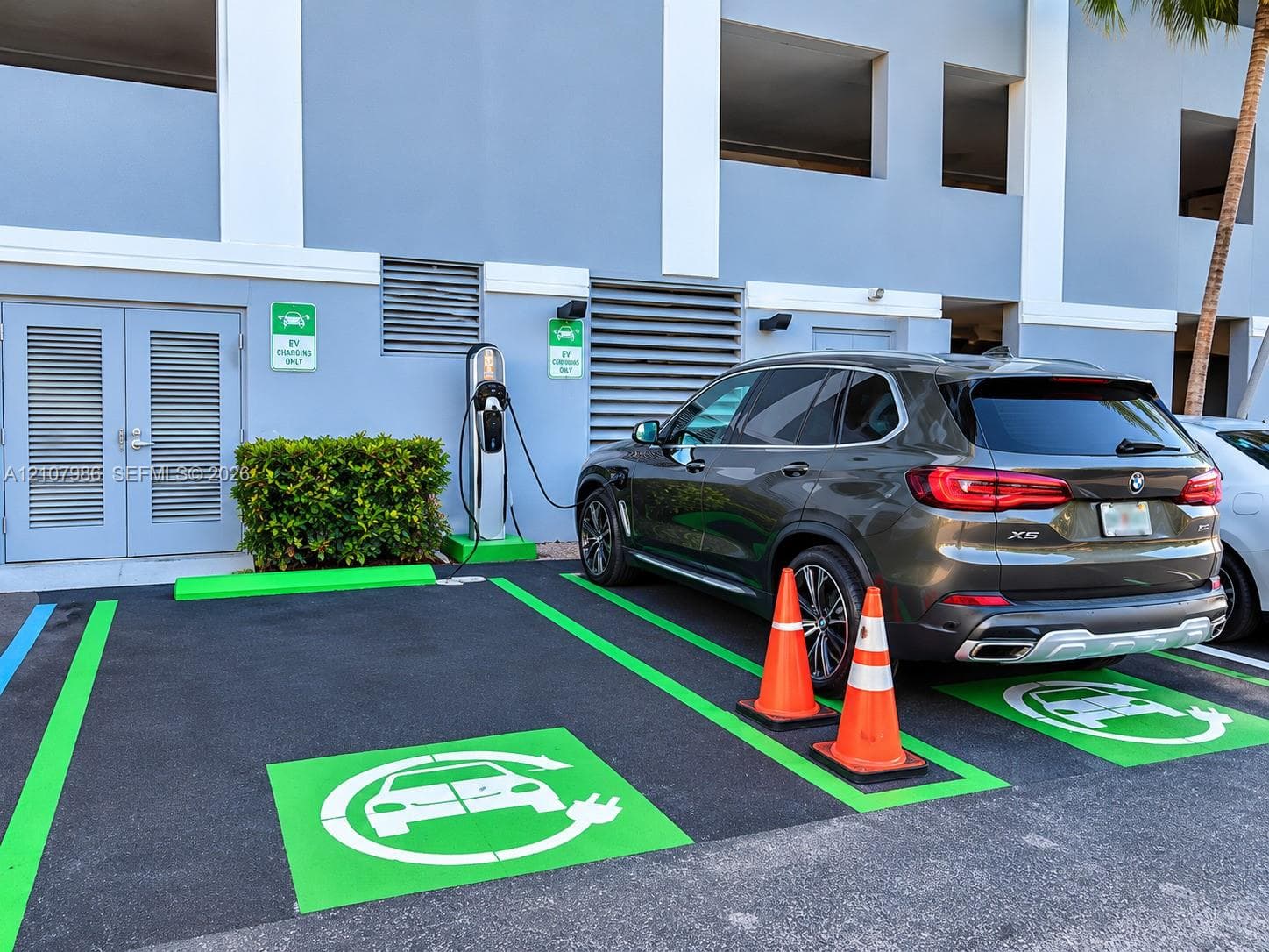 Dedicated electric vehicle charging station with dual charging ports and clearly marked parking stalls