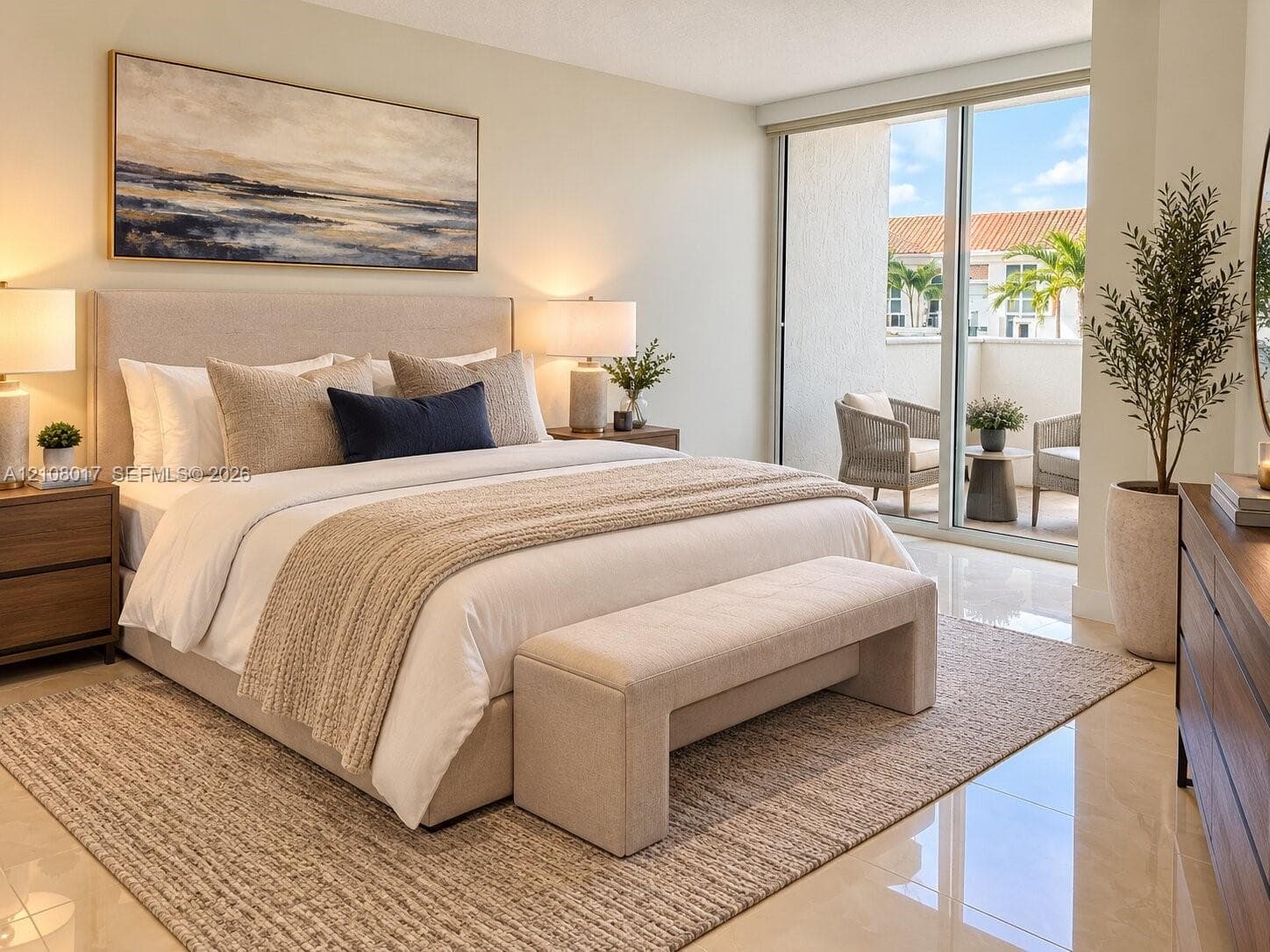 Neutral-toned room featuring light-colored polished flooring, sliding glass doors, and a private balcony