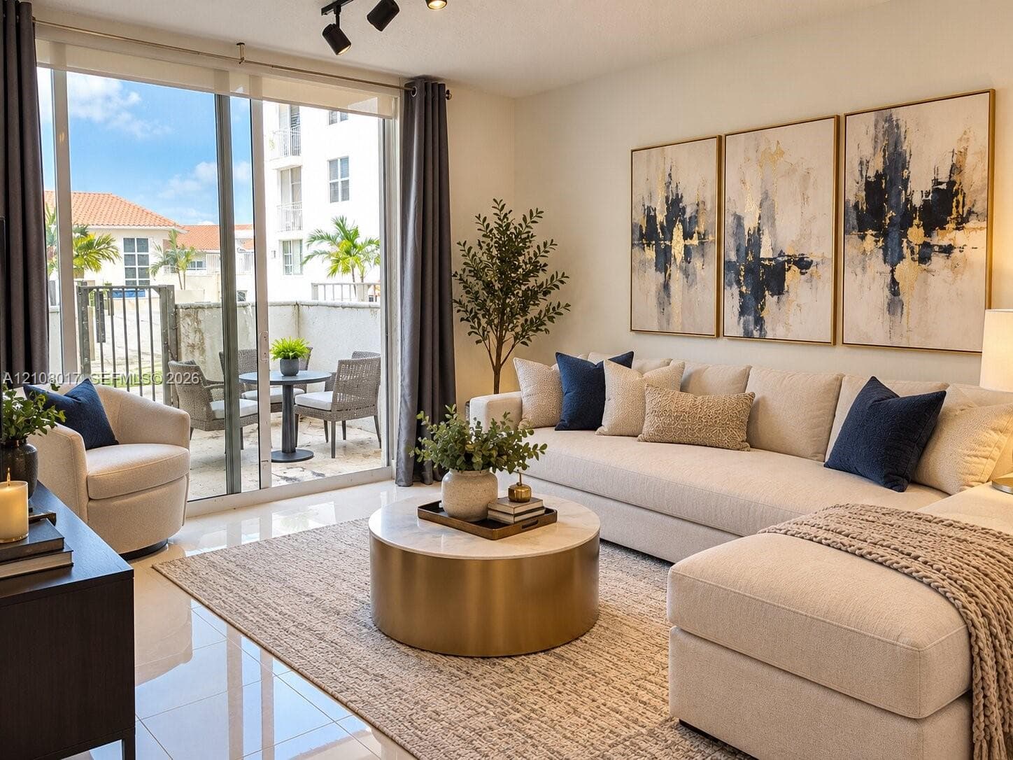 Full-height sliding glass doors with direct access to a private balcony, polished tile flooring, and adjustable track lighting