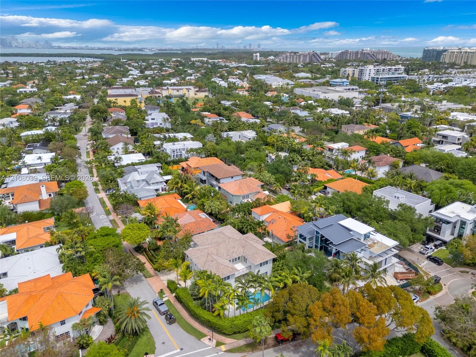 Aerial perspective of a coastal residential area featuring tile roofing, dense mature canopy, paved street access, and water frontage
