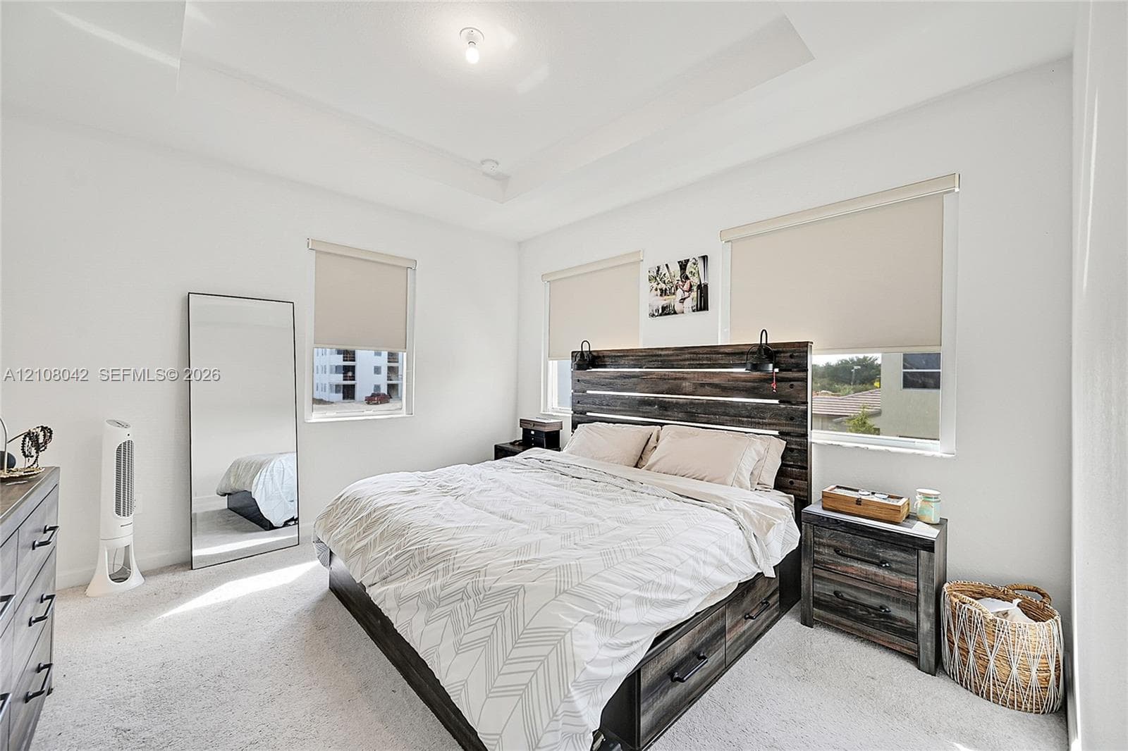 Tray ceiling, neutral carpeting, and multiple windows with roller shades