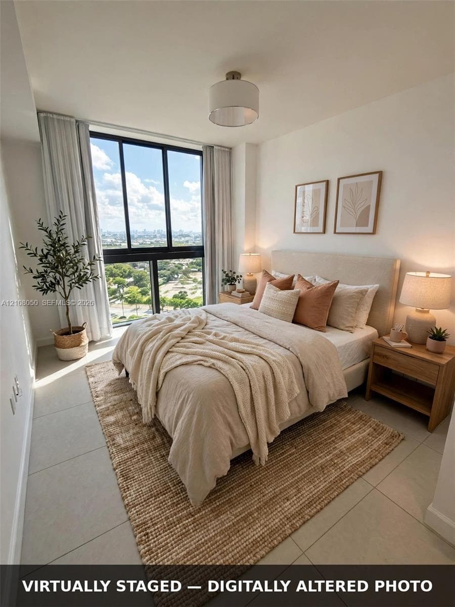 Floor-to-ceiling windows with panoramic exterior scenery, large-format tile flooring, and a neutral-toned drum shade ceiling light fixture