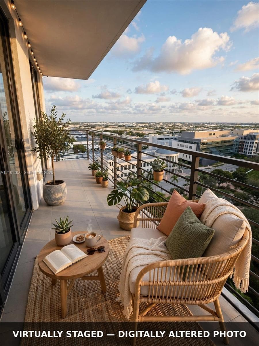 Private covered balcony featuring large-format tile flooring and a horizontal metal railing overlooking the city skyline