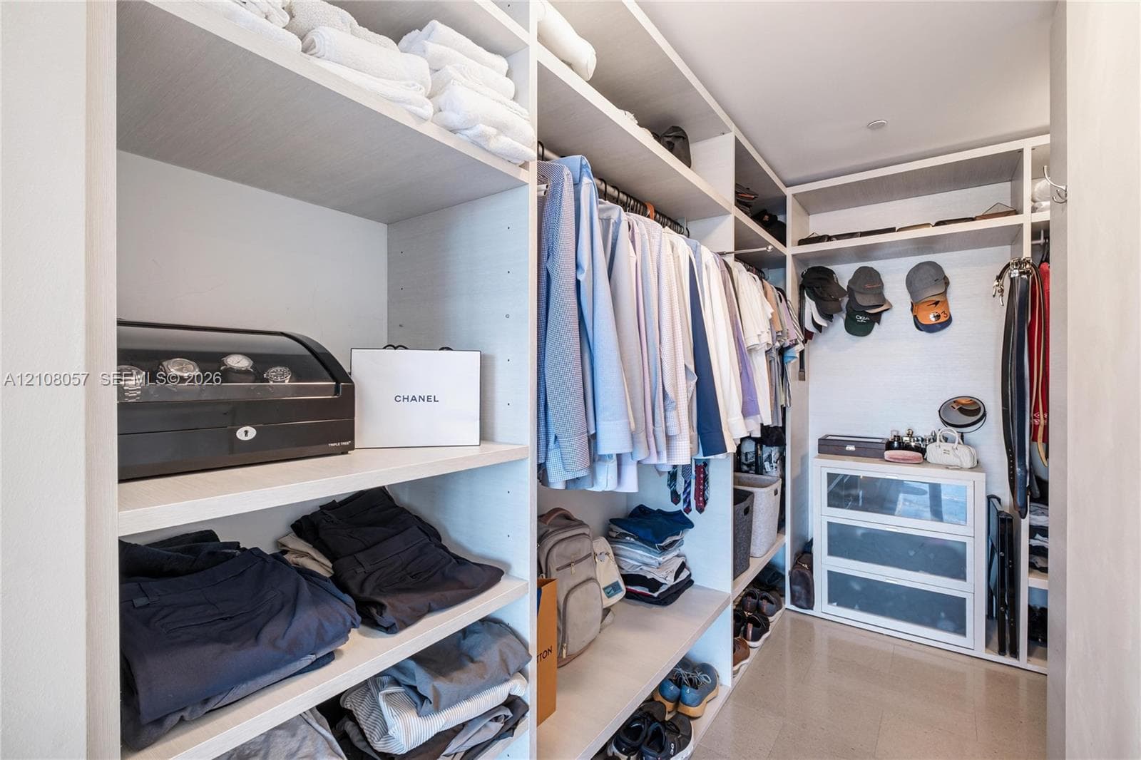 Walk-in closet featuring extensive built-in shelving, integrated hanging rods, and built-in drawer units with glass-front detailing