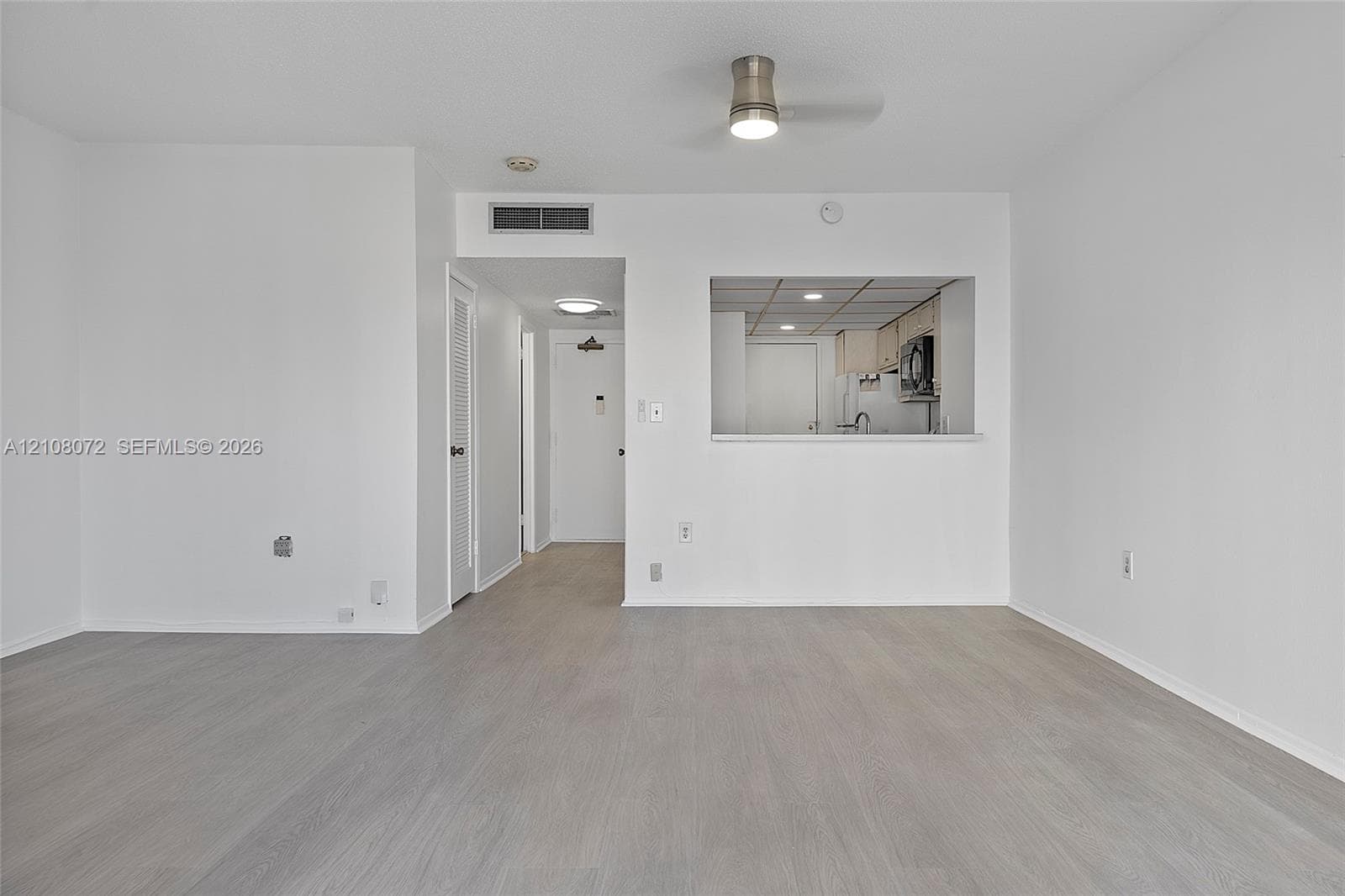 Open-concept interior featuring light wood-finish flooring, a pass-through opening to the kitchen, and a ceiling-mounted light fixture