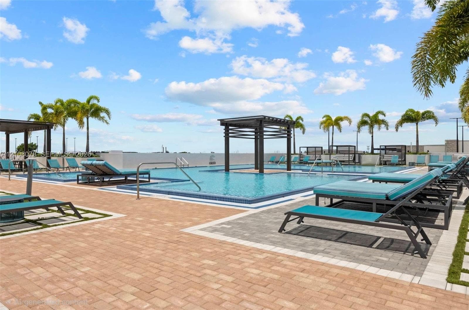 In-ground swimming pool featuring a central pergola, tiled water line, metal handrails, and surrounding paver patio