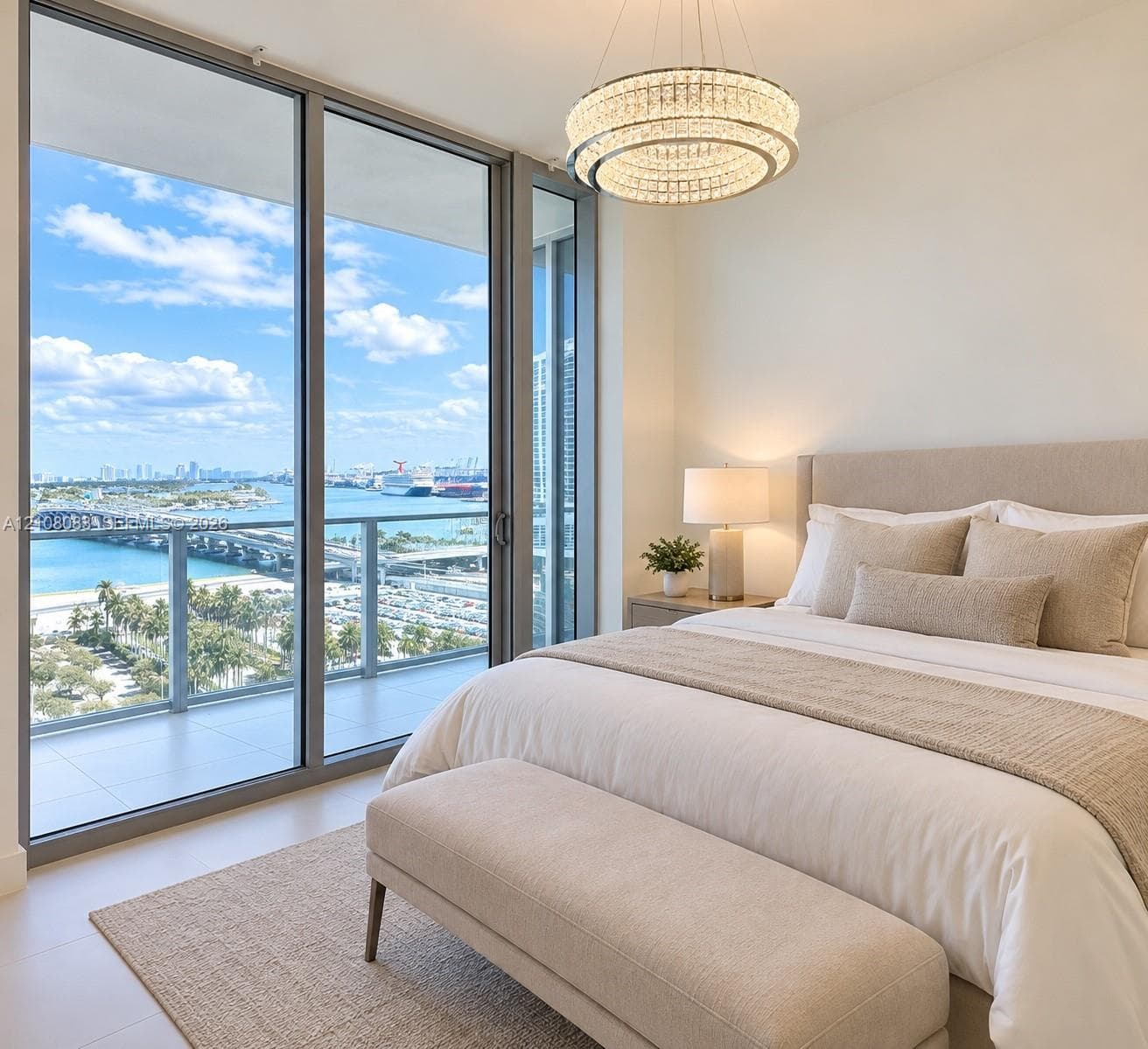 Floor-to-ceiling windows, circular multi-tiered crystal chandelier, and private balcony with metal railing overlooking the coastal cityscape