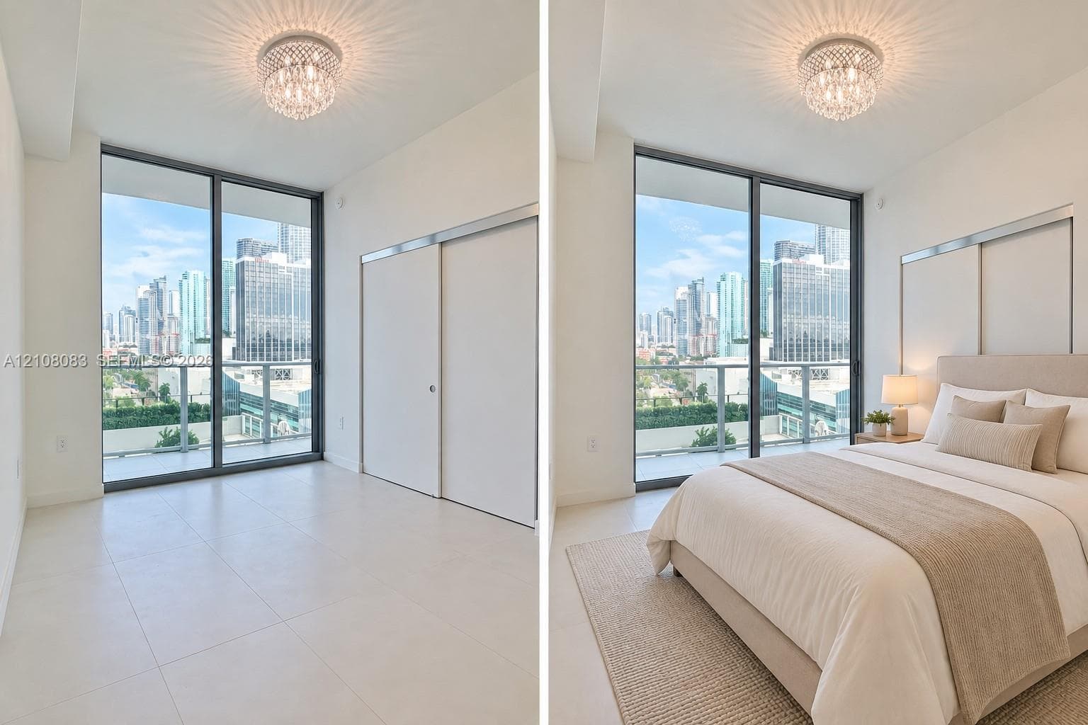 Floor-to-ceiling windows, sliding glass door leading to a balcony, large-format tile flooring, modern crystal flush-mount light fixture, and floor-to-ceiling sliding-panel closet doors