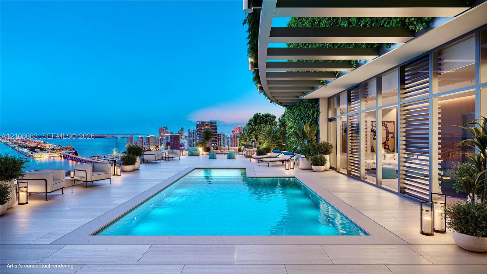 Rooftop terrace featuring a rectangular swimming pool, large-format tile decking, overhead pergola structure, and expansive floor-to-ceiling glass wall panels