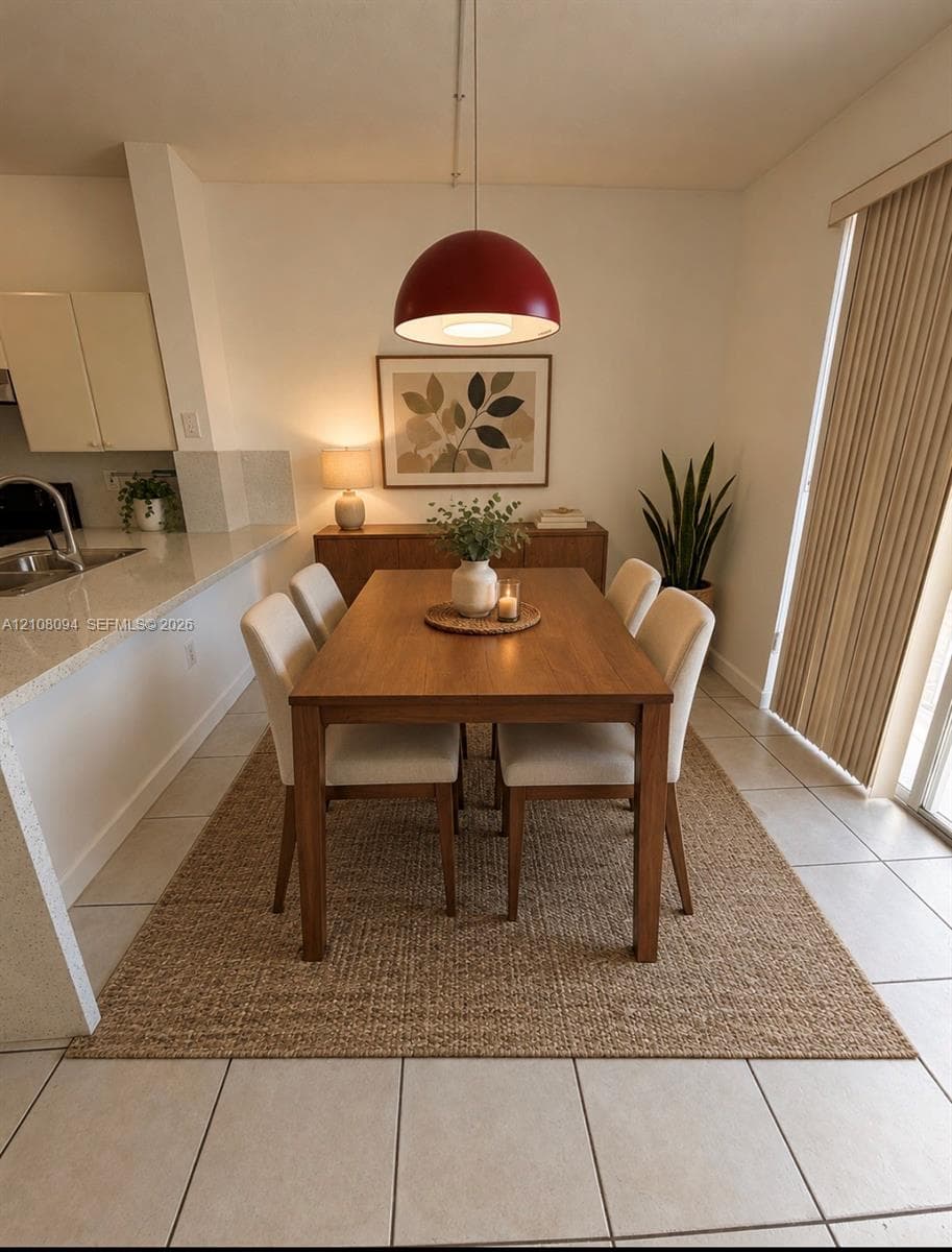 Dining area featuring neutral tile flooring, a statement red dome pendant light, and a white countertop breakfast bar