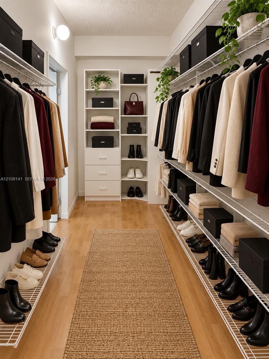 Walk-in closet featuring light-toned wood-finish flooring, white built-in shelving with integrated drawer storage, and tiered white wire racking