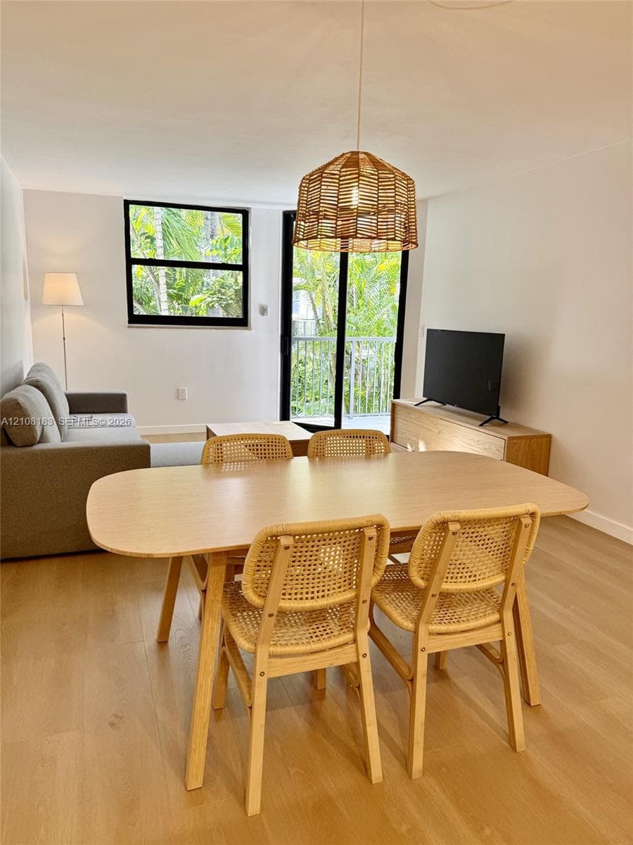 Living area featuring wood-finish flooring, a woven pendant light fixture, a black-framed window, and a sliding glass door providing external access