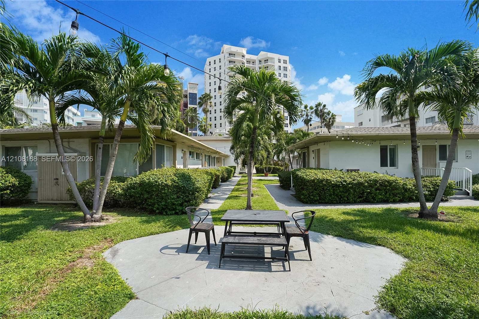 Common area courtyard featuring a concrete patio, manicured hedges, mature palm trees, and overhead string lighting