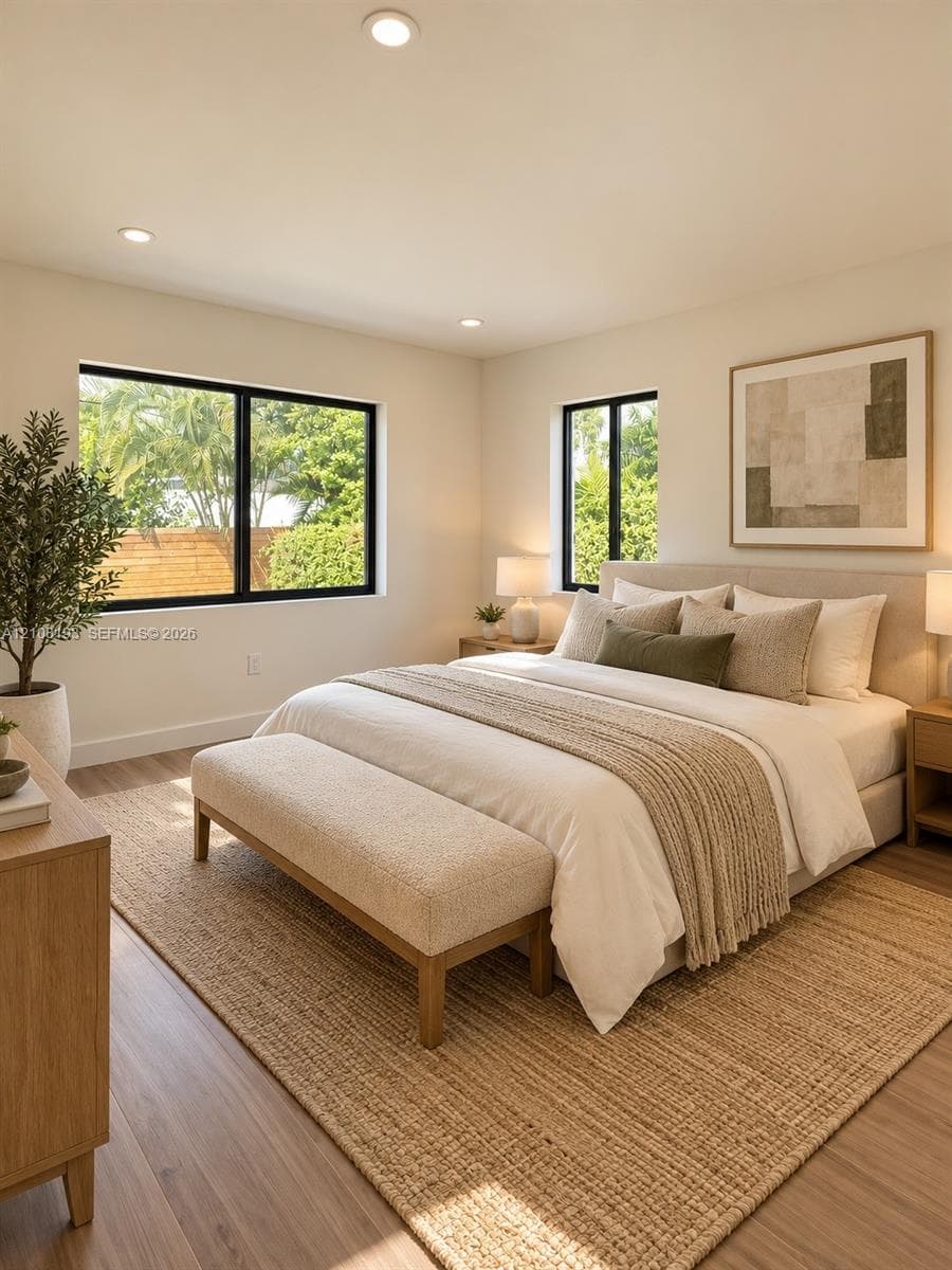 Bedroom featuring wood-finish flooring, recessed lighting, and black-framed windows