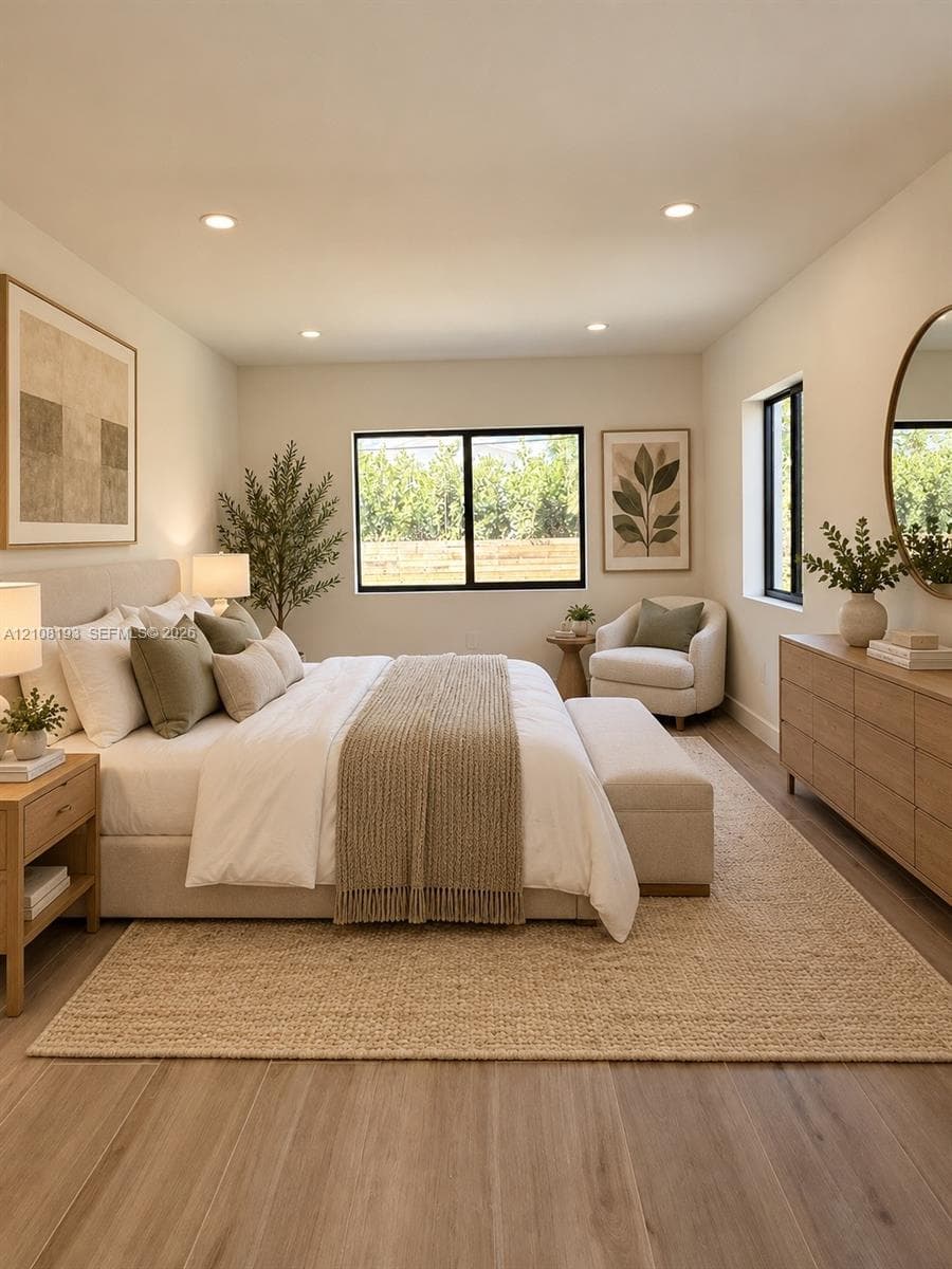 Neutral-toned interior featuring wood-finish flooring, recessed lighting, and black-framed windows