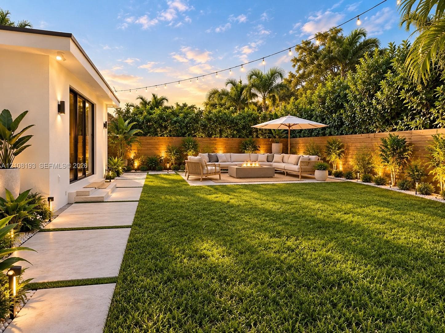 Landscaped backyard featuring a manicured lawn, horizontal wood perimeter fencing, concrete paver pathway, and integrated low-voltage landscape lighting