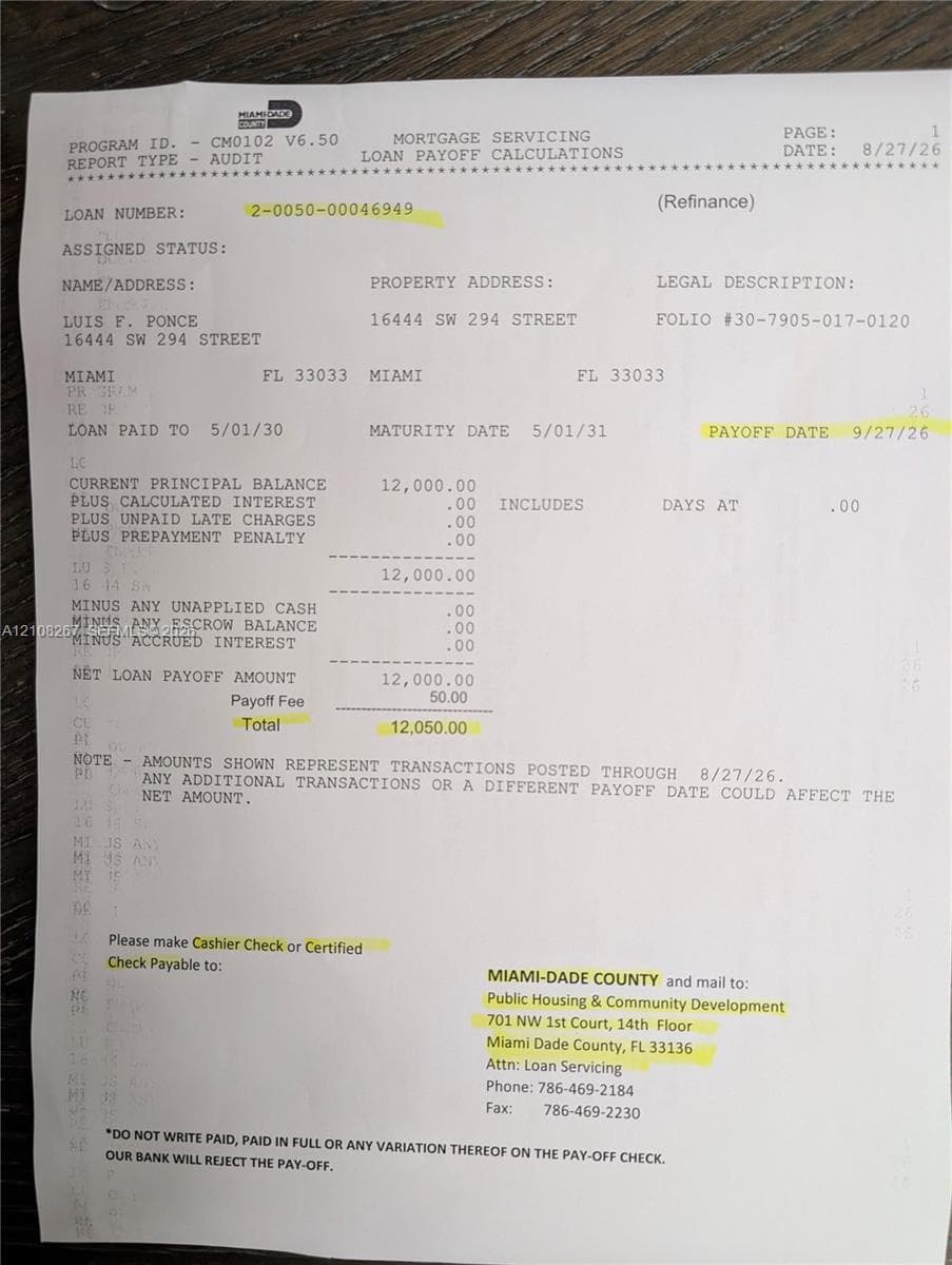 Mortgage Servicing Loan Payoff Statement. Itemizing the balance and remittance instructions for the property