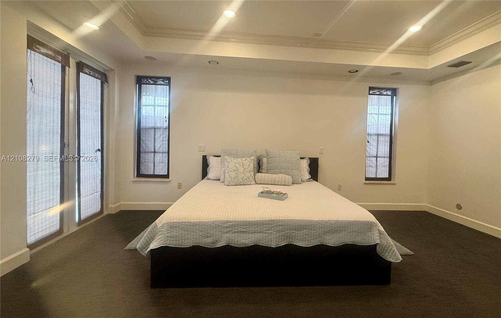 Tray ceiling featuring recessed lighting, dark carpeting, and dual-panel glass doors