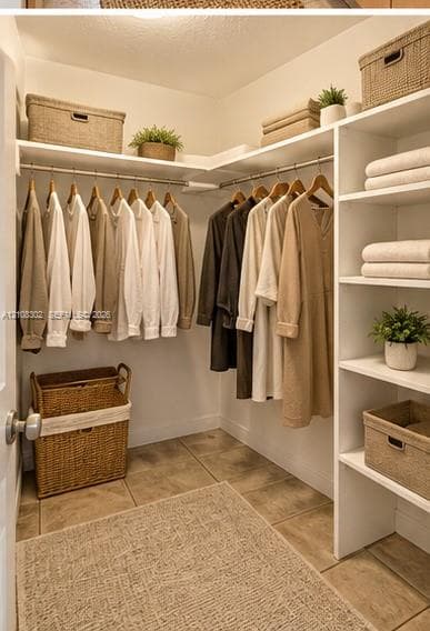 Walk-in closet featuring white built-in shelving, integrated closet rods, and neutral tile flooring