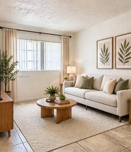 Neutral-toned tile flooring, large-scale window with vertical blinds, and textured wall finish