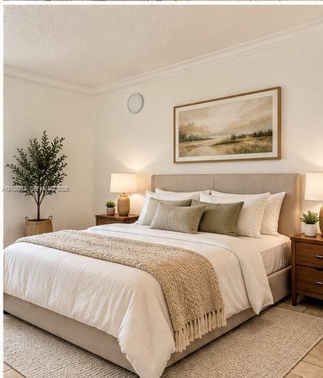Neutral-toned room featuring crown molding and tile flooring