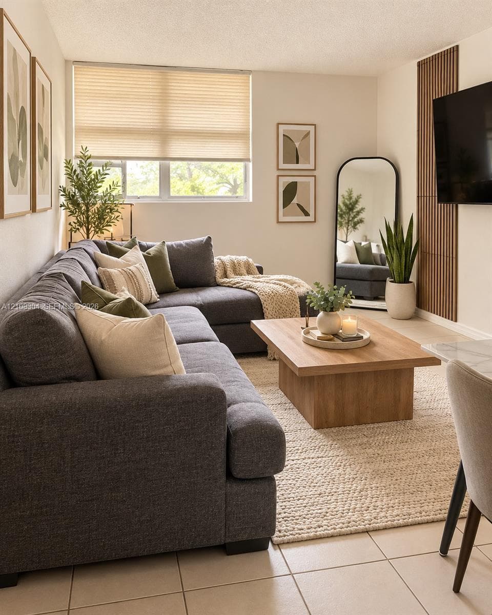 Living area featuring neutral tile flooring, large multi-pane window, and vertical wood-slat wall paneling