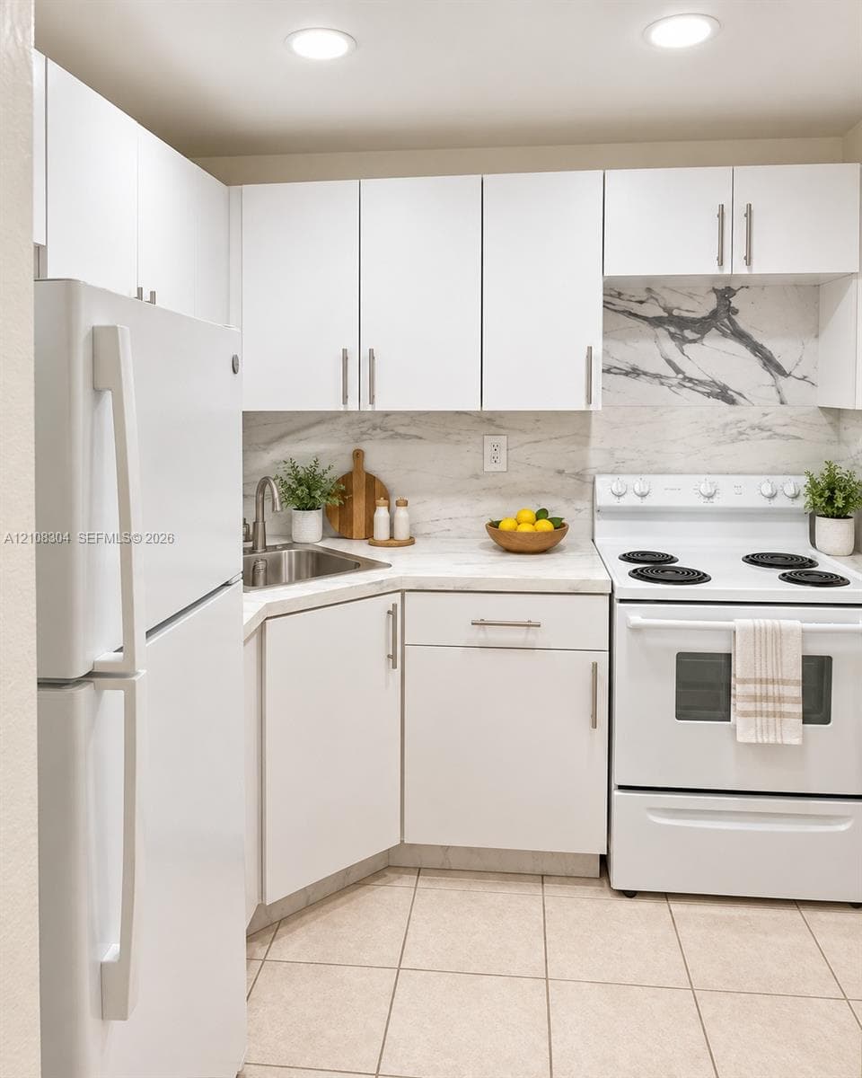 Kitchen featuring white cabinetry, stone-finish countertops, full-height decorative backsplash, tile flooring, and integrated white appliances