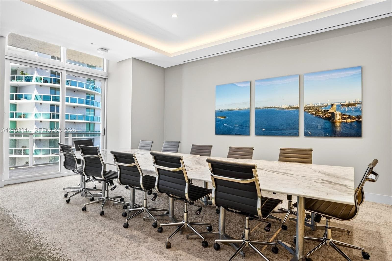 Conference room featuring tray ceiling with integrated perimeter lighting, floor-to-ceiling glass sliding door, and neutral carpeting