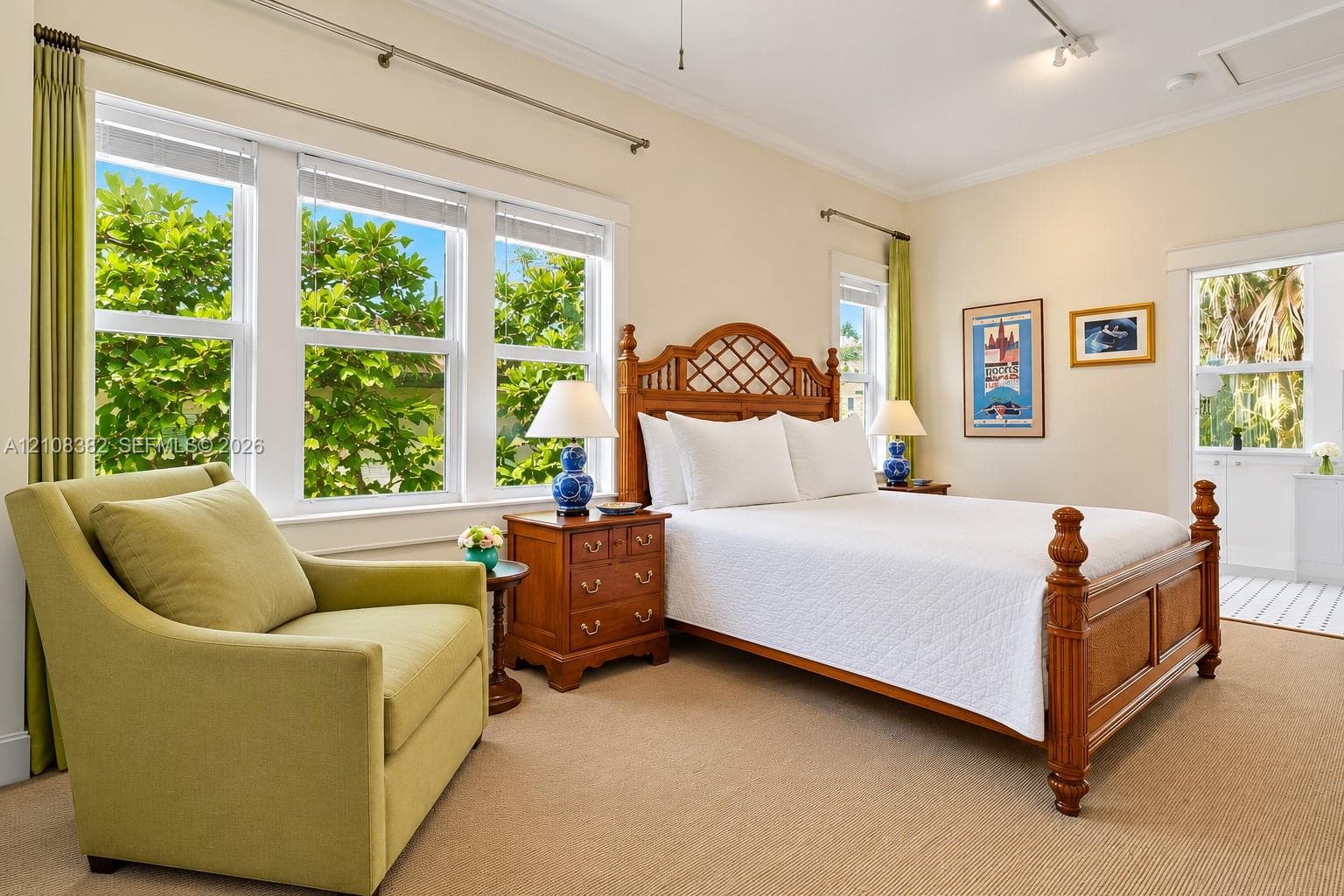 Room featuring multi-pane windows, crown molding, ceiling-mounted track lighting, and wall-to-wall carpeting