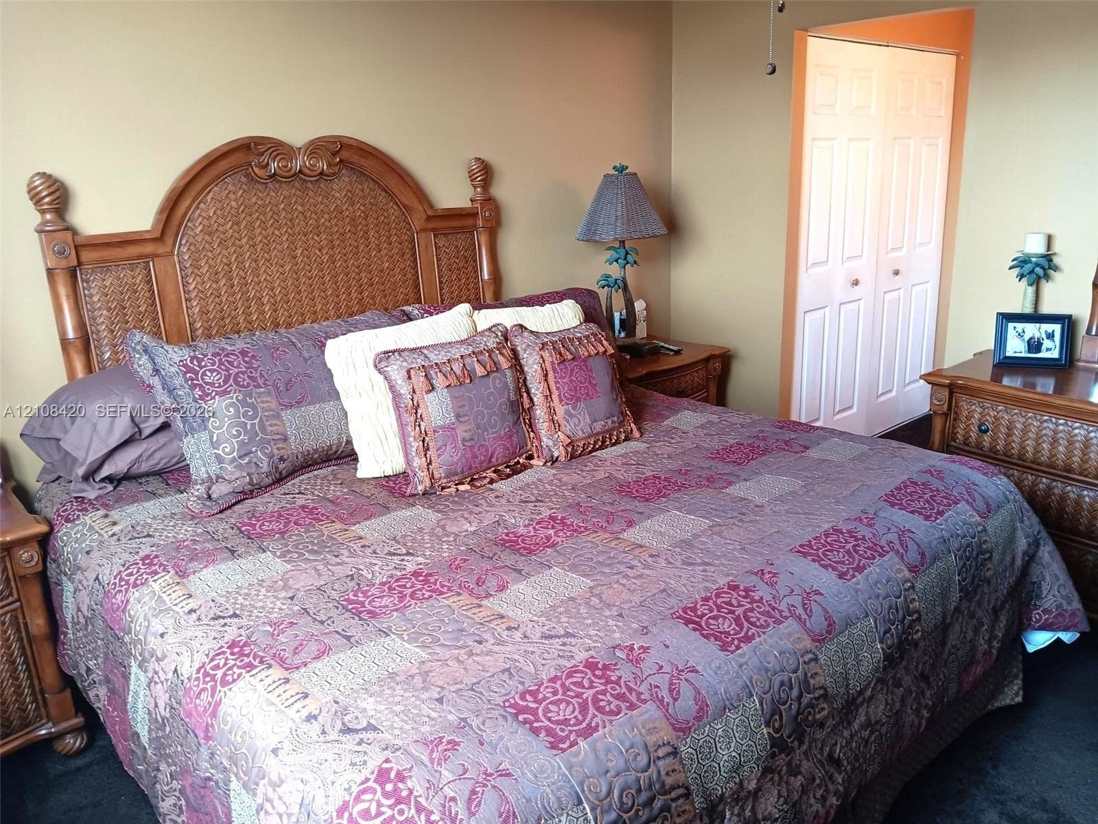 Neutral wall finish, bi-fold closet doors, and dark carpeting