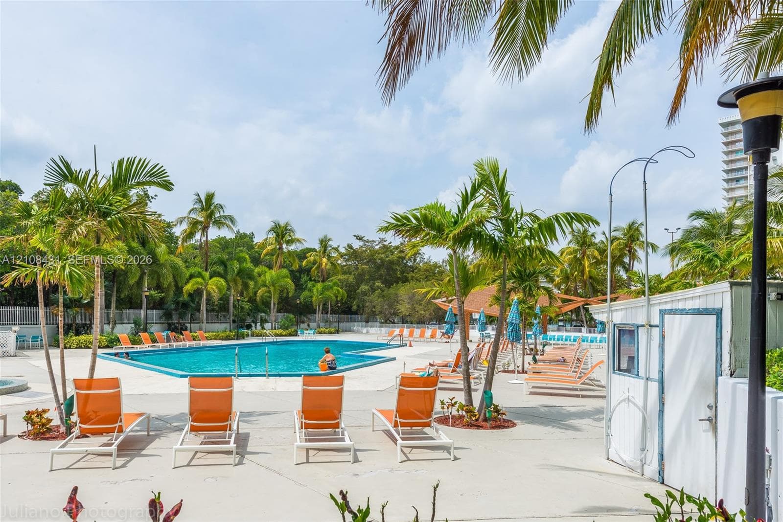 Swimming pool with concrete decking, palm tree landscaping, and a covered pavilion