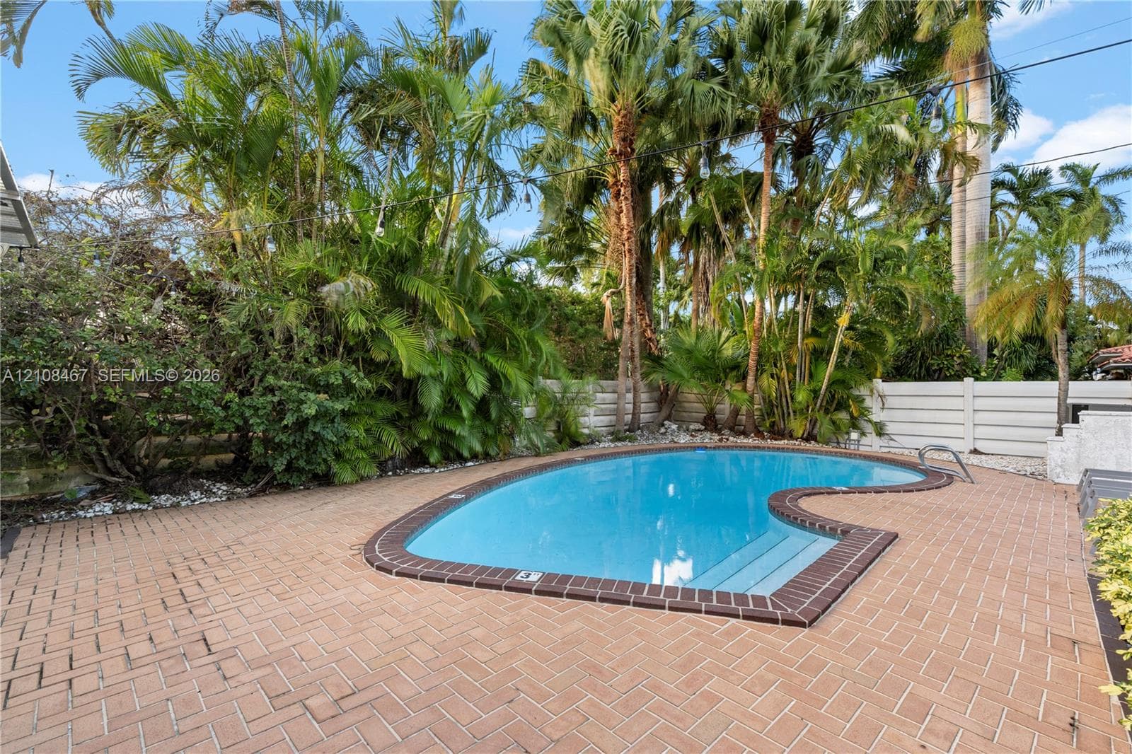 Swimming pool with integrated steps, surrounded by brick paver decking, mature palm trees, and perimeter privacy fencing