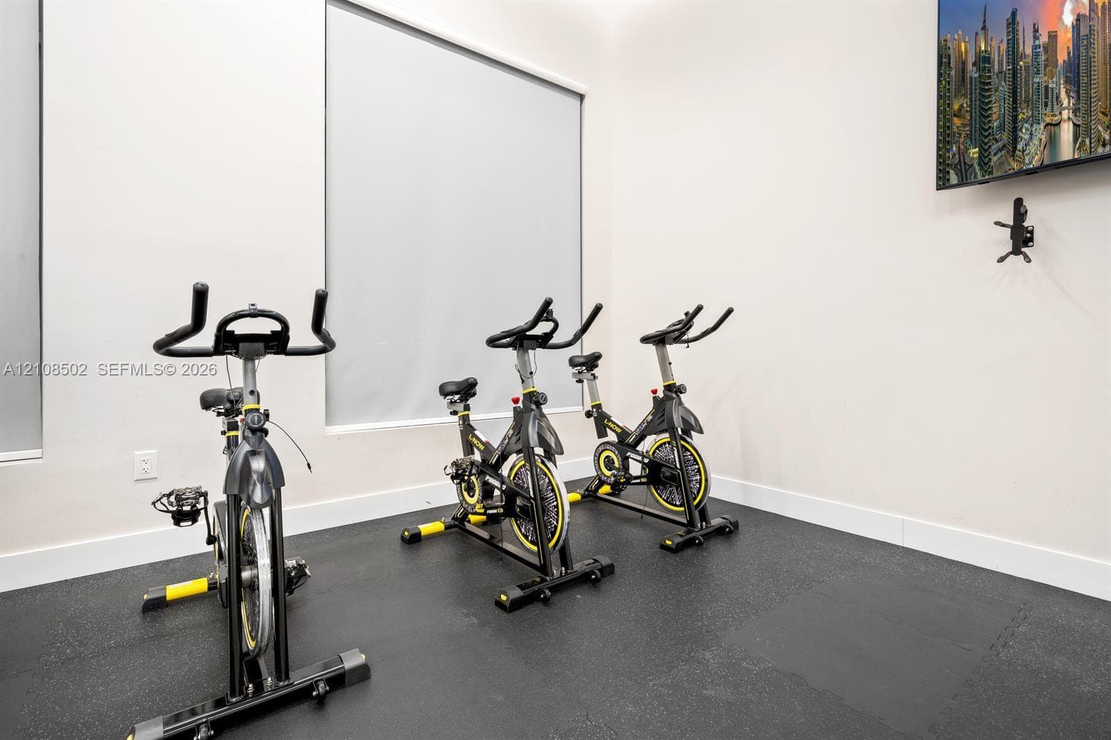 Dedicated exercise space featuring durable rubberized flooring, large windows with neutral roller shades, and wall-mounted television hardware