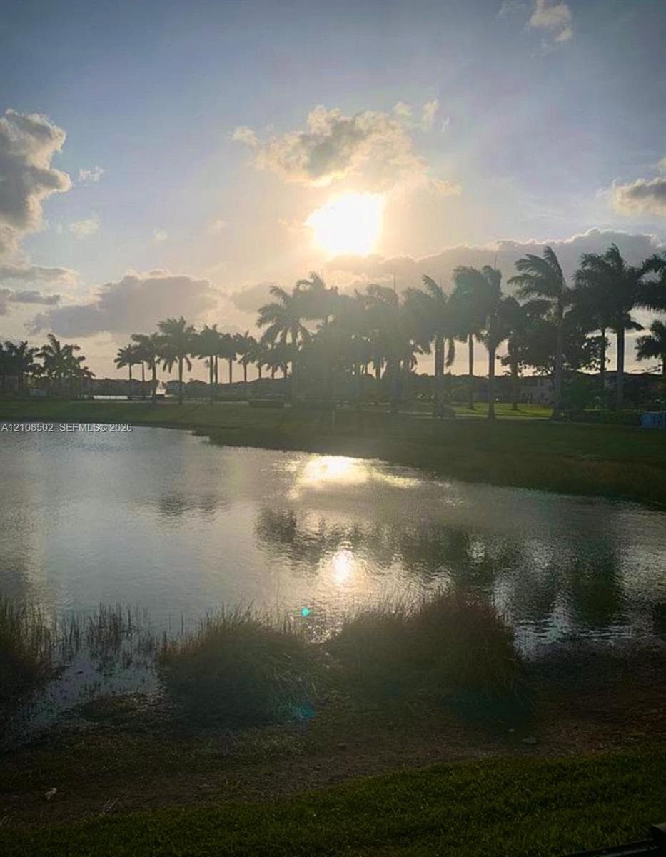 Waterfront property featuring a lake, manicured grass landscape, and mature palm trees