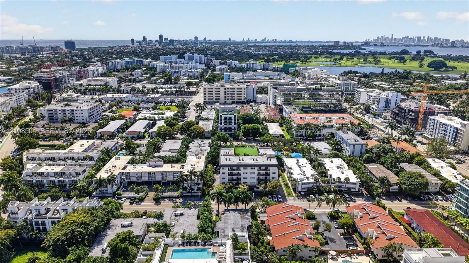 Aerial perspective featuring a metropolitan skyline backdrop, dense urban foliage, and multi-unit residential structures