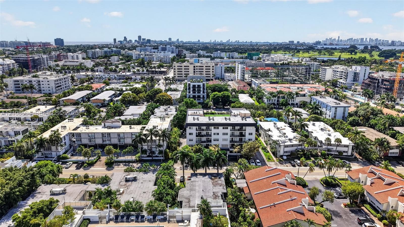 Aerial perspective of the urban landscape featuring multi-story residential structures, mature tropical palm trees, paved surface parking areas, and established neighborhood foliage