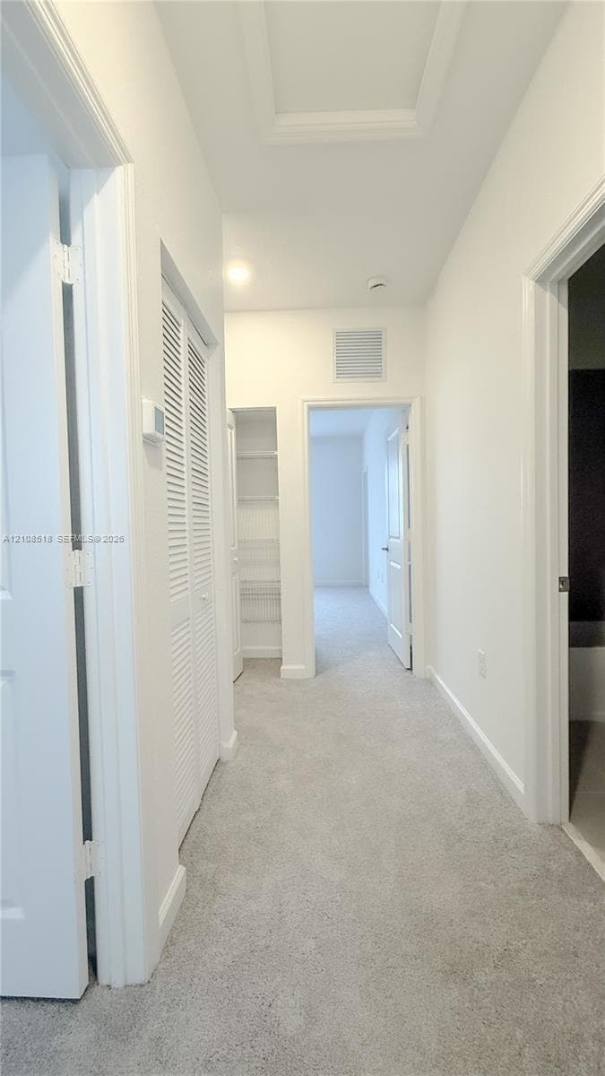 Interior corridor featuring wall-to-wall carpeting, louvered closet doors, and built-in shelving