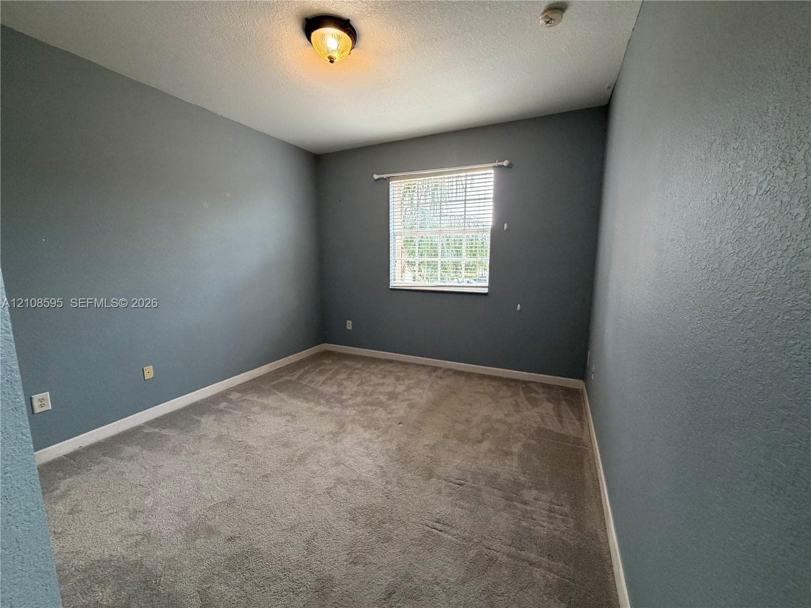 Room featuring wall-to-wall carpeting, a single window with horizontal blinds, and ceiling-mounted dome lighting