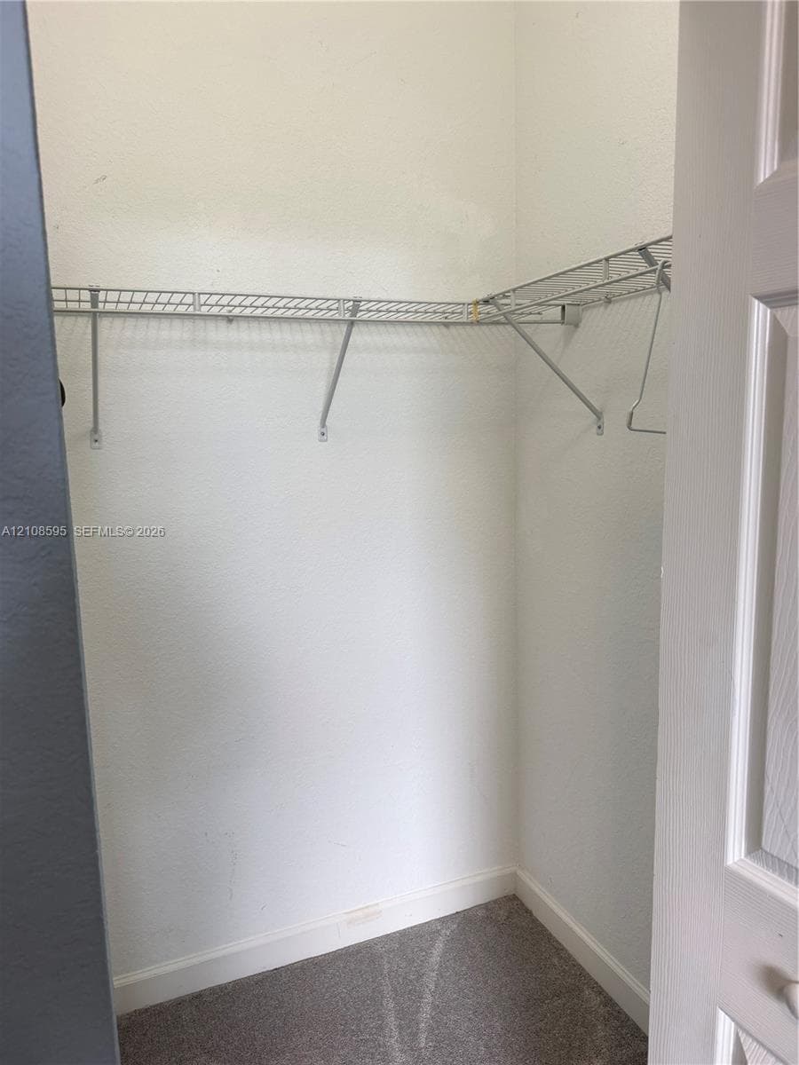 Storage closet featuring gray carpeted flooring and installed wire shelving