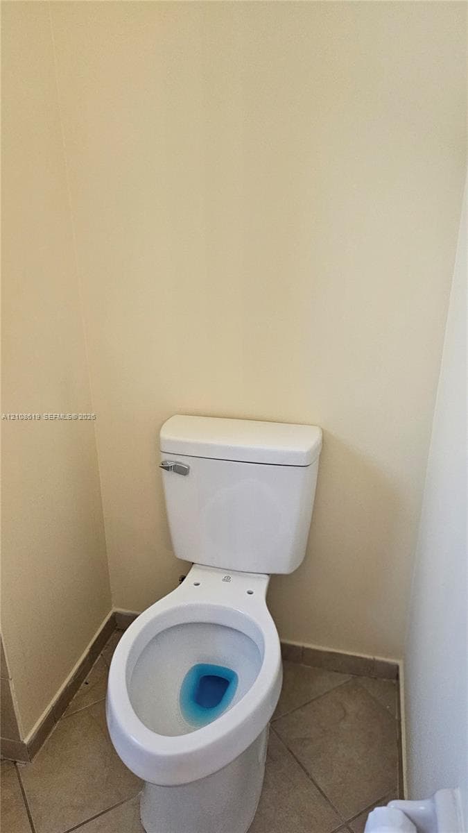 White porcelain toilet with tile flooring