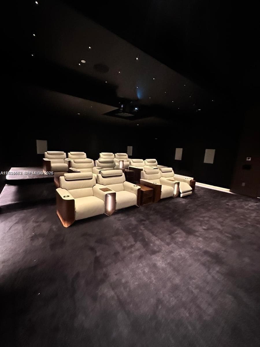 Dedicated media room featuring tiered flooring, dark wall treatments, ceiling-mounted projection equipment, and recessed fiber-optic star lighting