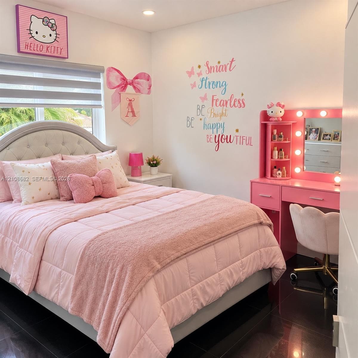 Bedroom featuring recessed lighting, dual-tone roller window shades, and polished dark tile flooring