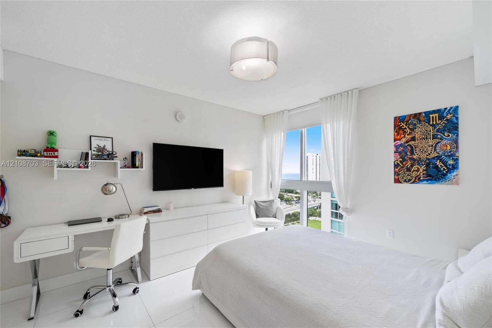 Interior space featuring large-format tile flooring, floor-to-ceiling windows, and a semi-flush mount drum light fixture