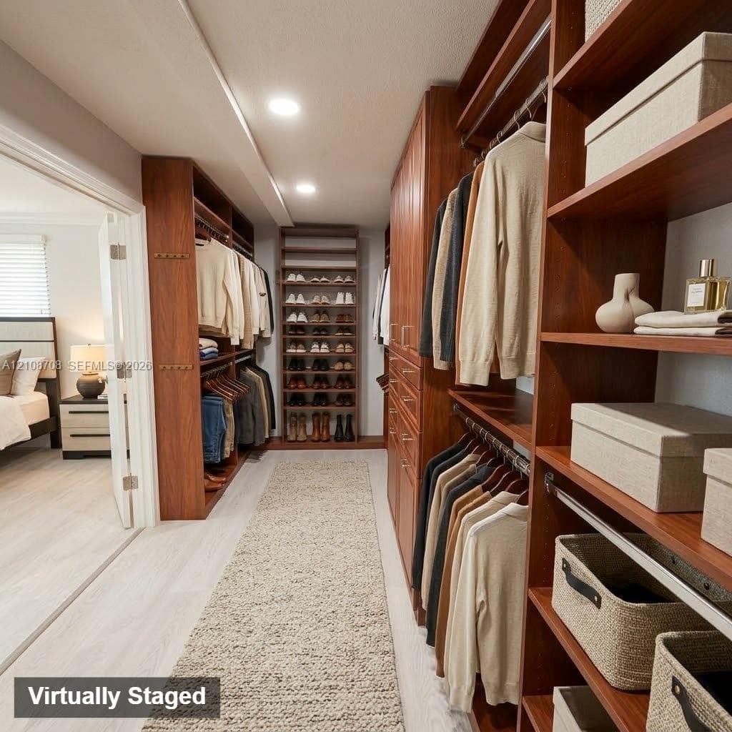 Walk-in closet featuring custom wood-finish cabinetry, built-in shelving, integrated hanging rods, recessed ceiling lighting, and shoe storage