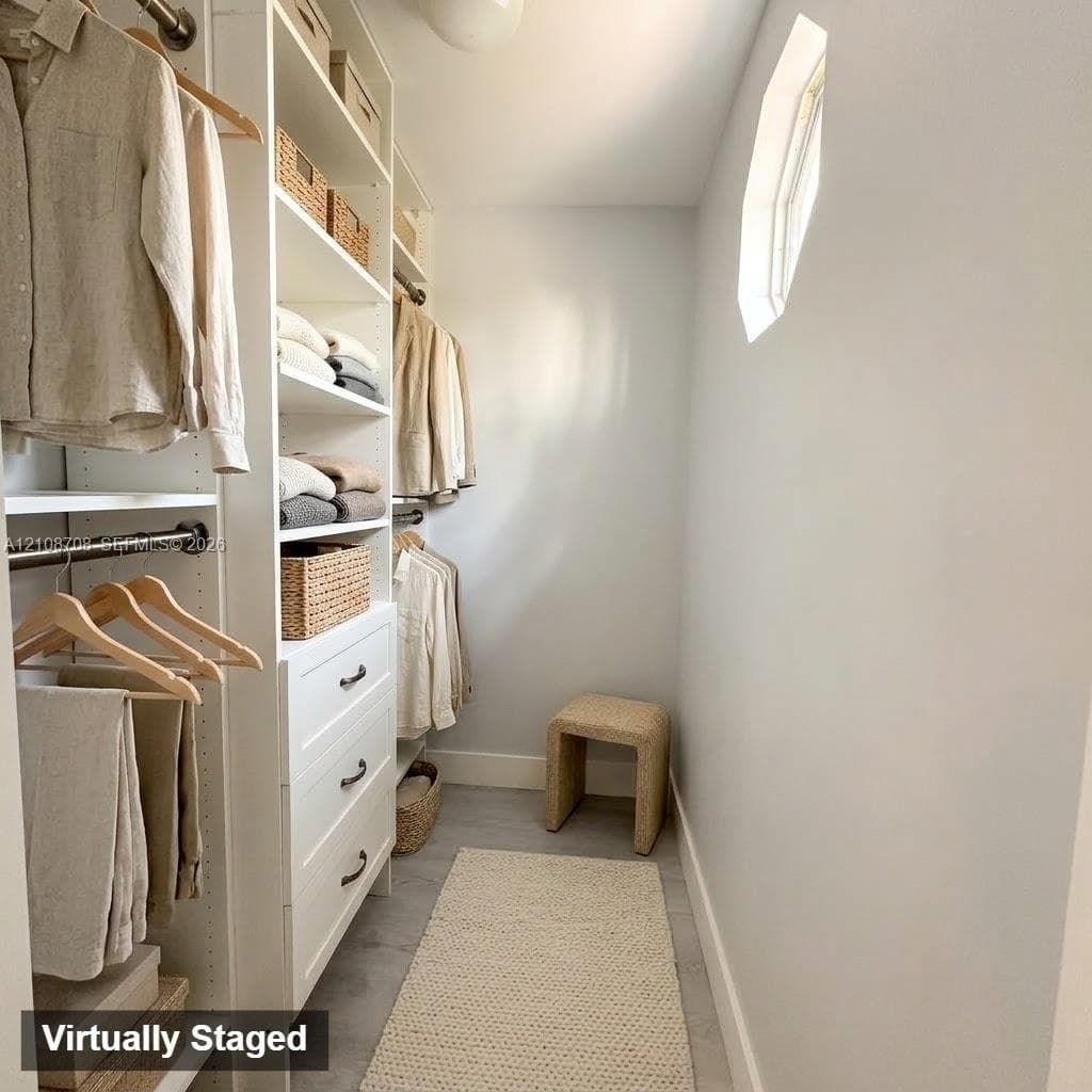 Built-in white storage cabinetry featuring open shelving, hanging rods, and integrated drawers with dark hardware, complemented by a hexagonal window