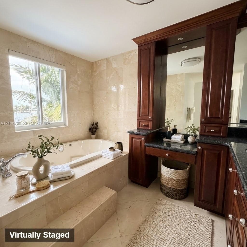 Jetted soaking tub with tile surround, custom dark-finish wood cabinetry, integrated vanity mirror, and stone-finish countertop