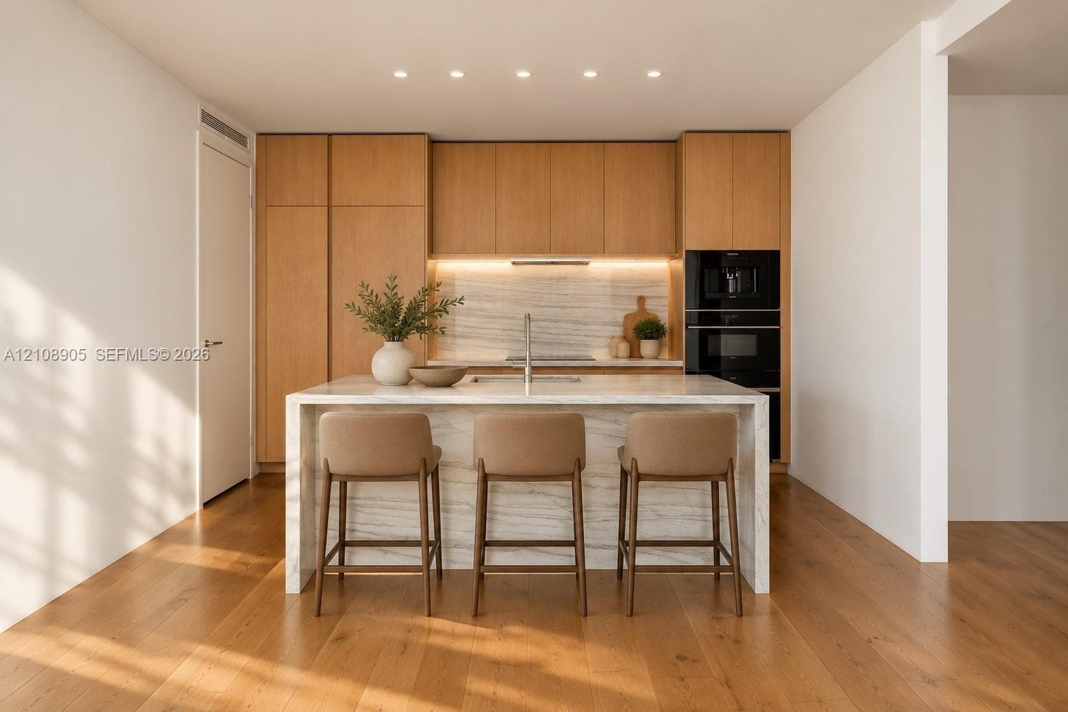 Modern kitchen featuring flat-panel wood cabinetry, integrated appliances, a waterfall island with stone countertop, and wood-finish flooring